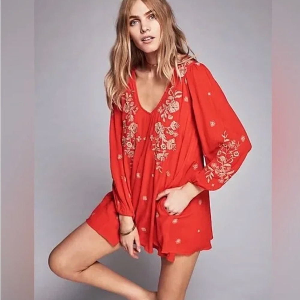 Free People Vibrant Red Long Sleeve Mini Dress - Picture 4 of 6